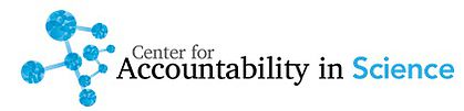 Logo of the Center for Accountability in Science, featuring interconnected molecules in blue and black text, representing a focus on scientific integrity and advocacy.