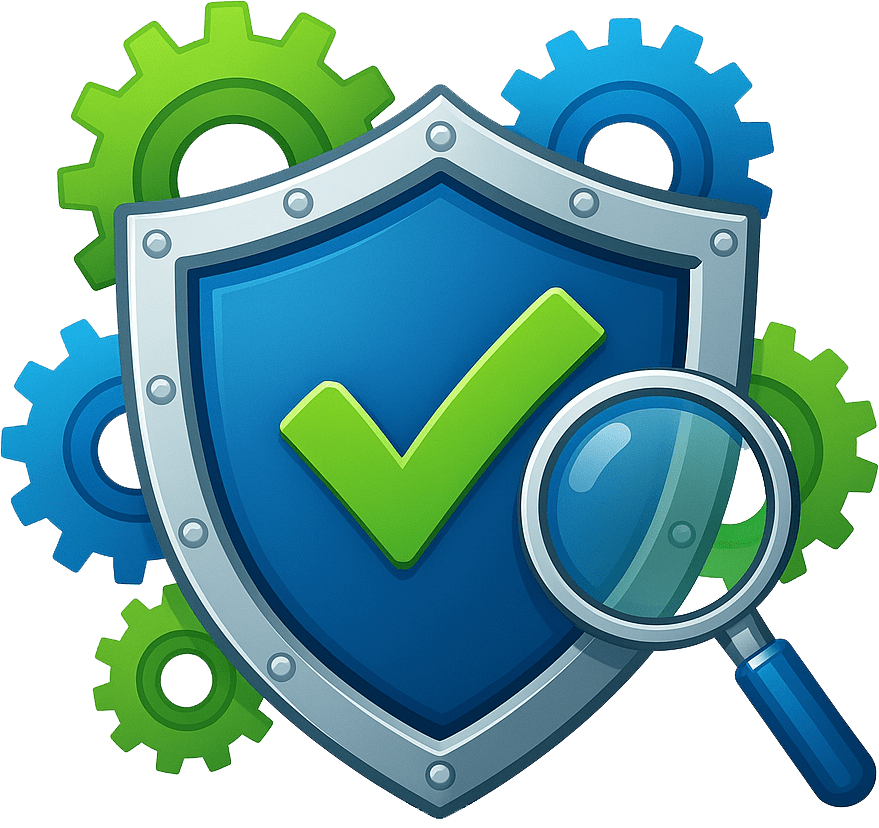 Illustration of a blue security shield with a green checkmark in the center, surrounded by green and blue gears, with a magnifying glass positioned on the right side.